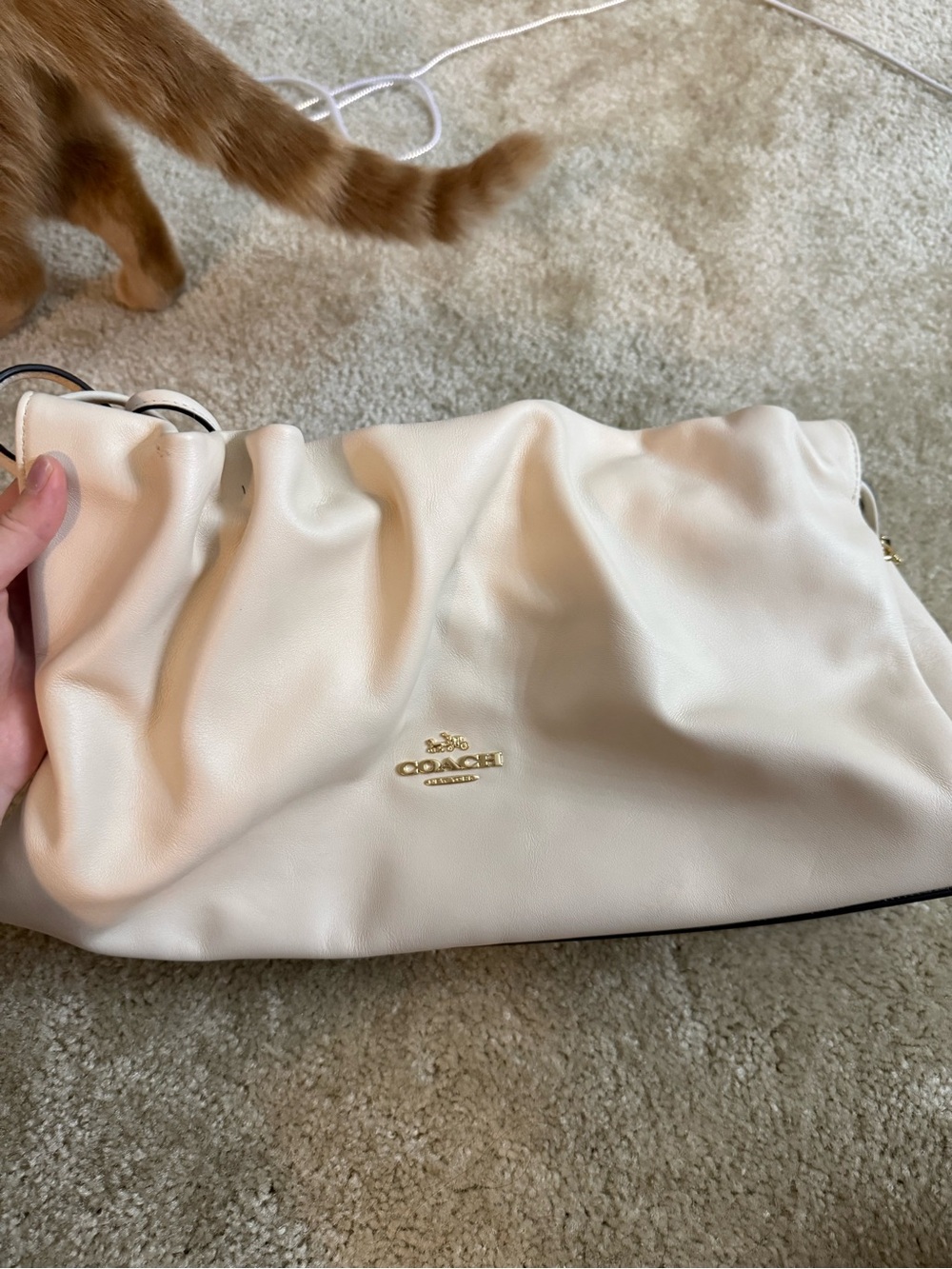 Coach Cream Ruched Leather Shoulder Bag with Gold Logo